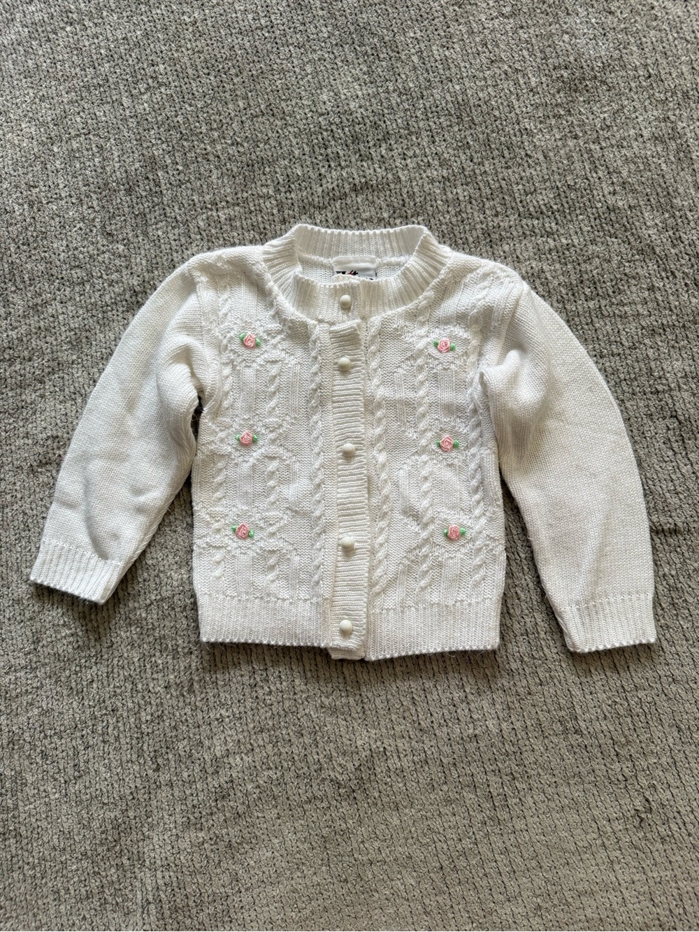 Vintage Hot Fudge White Cable Knit Cardigan 18M Floral‎ Embroidered USA